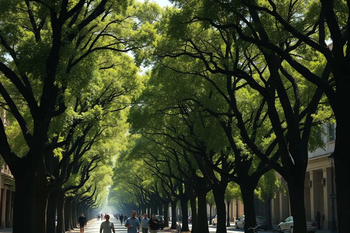 Mature street trees forming a shaded green canopy over a city pavement on a hot day