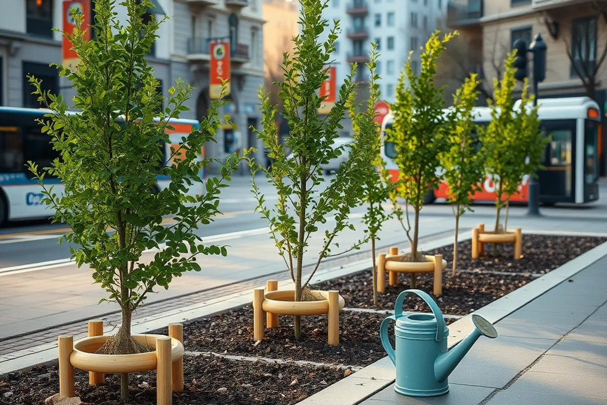 Young trees planted in a city pavement with protective guards and fresh mulch