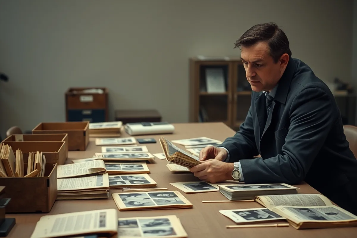 Investigators reviewing old case files and evidence boxes in a quiet archive room