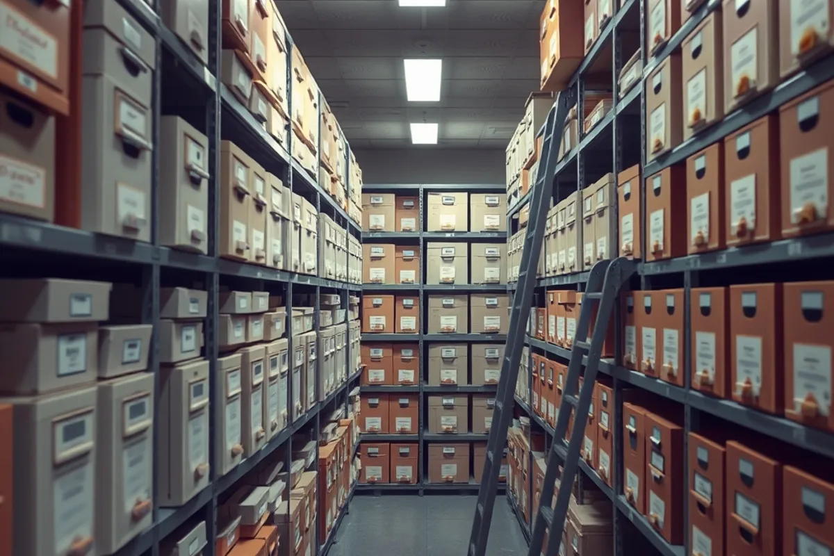 Archive shelves of labelled evidence boxes and case files in soft fluorescent light