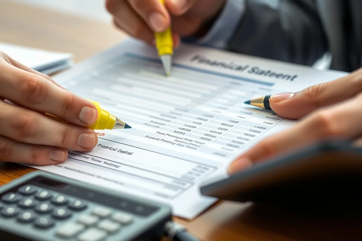 Forensic accountant reviewing financial statements and highlighted documents at a desk
