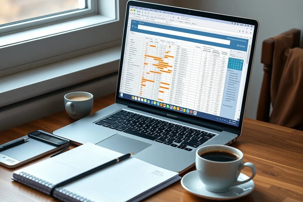 Documents, calculator and a laptop showing a spreadsheet on a quiet office desk