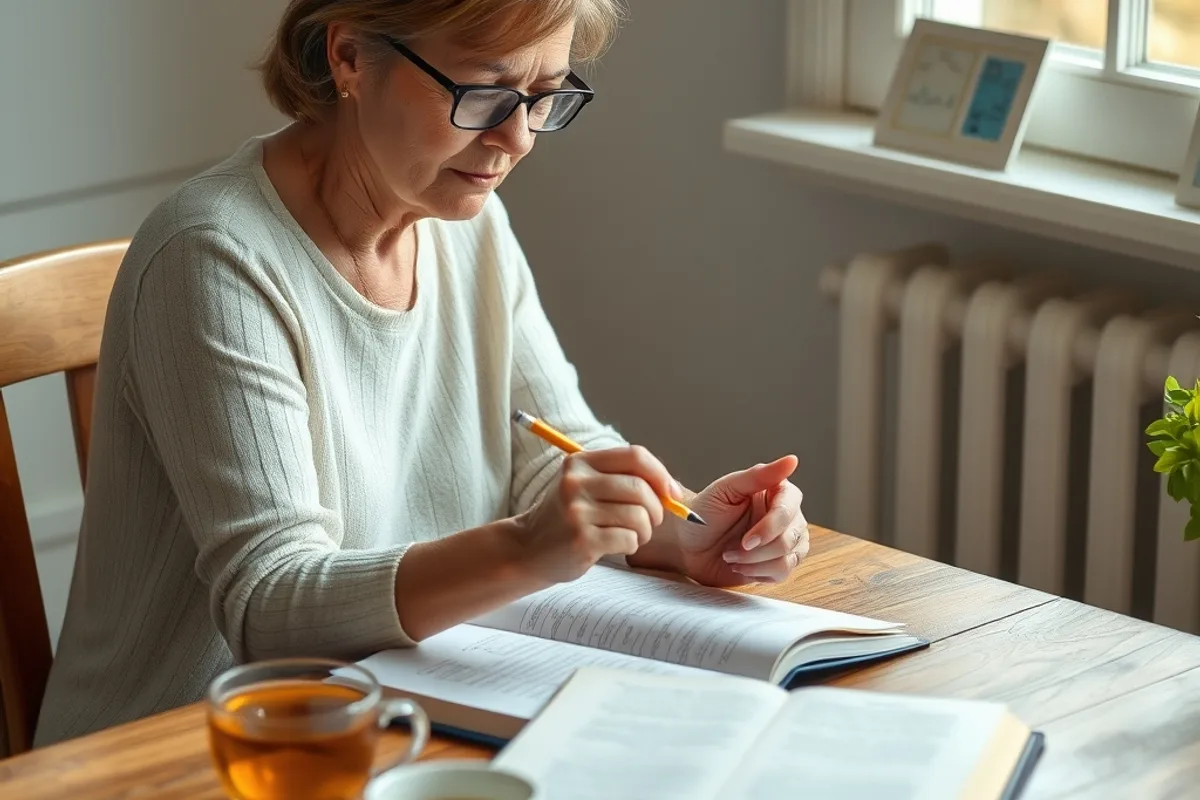 Adult learner working through a short practice task at a kitchen table with a notebook and laptop