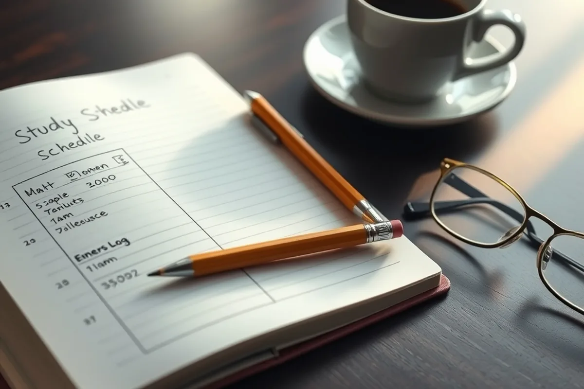Notebook with an error log and a weekly learning schedule beside a cup of coffee