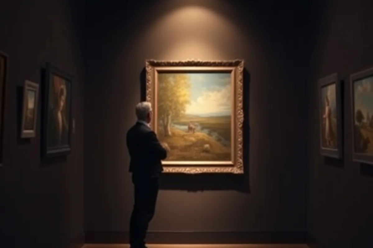 Visitor looking closely at a single painting in a quiet gallery with warm light