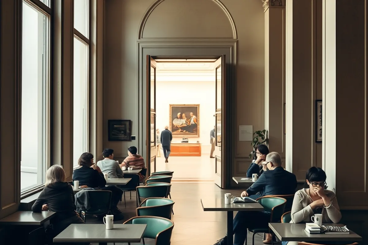 Museum cafe with visitors resting beside tall windows and a quiet gallery beyond