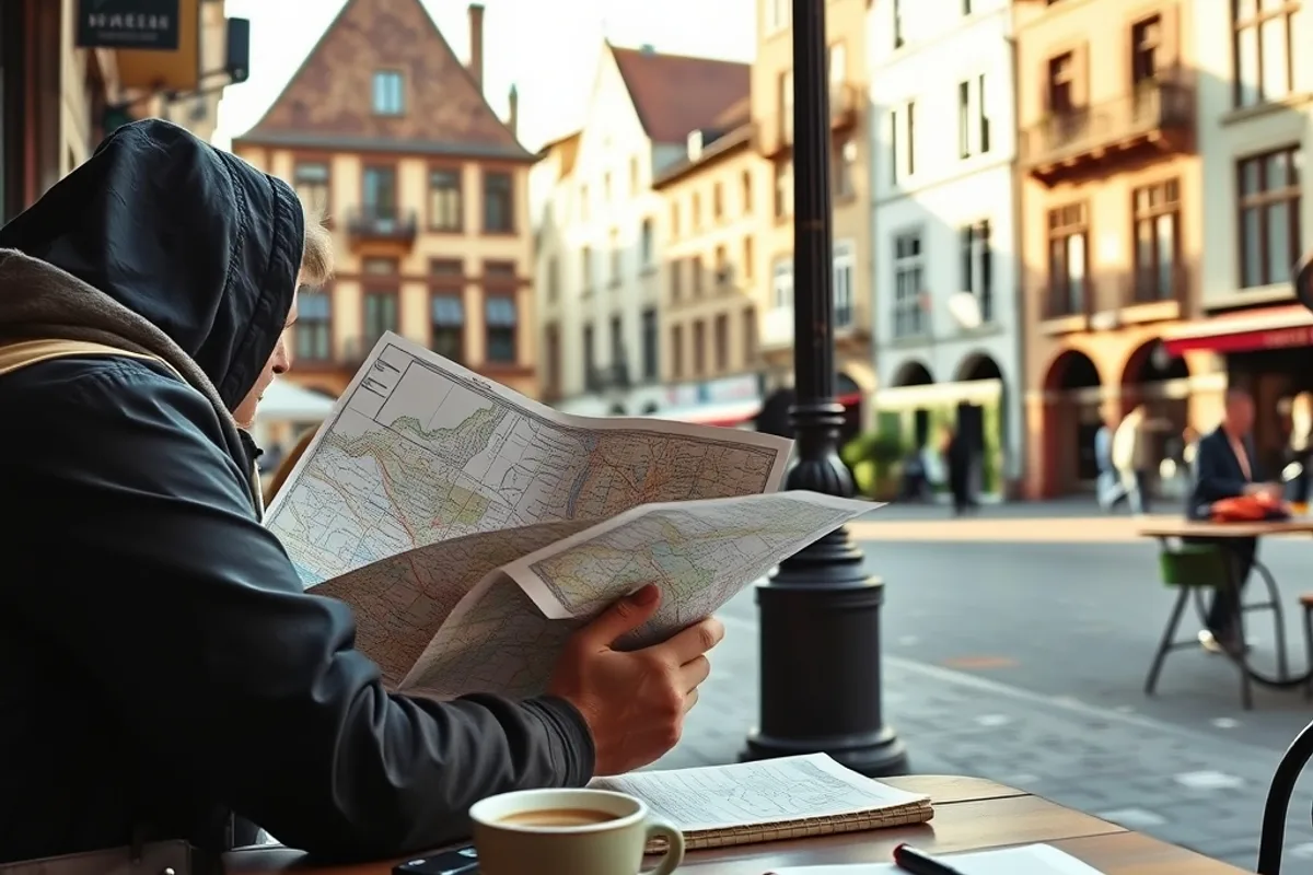 Small European town square with cafe tables and a traveller reading a map in morning light