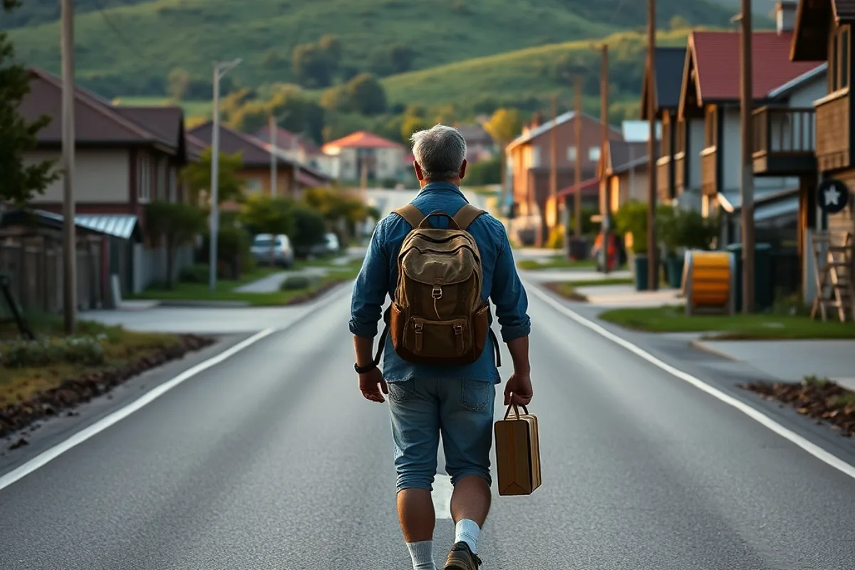 Traveller with a daypack walking a quiet road out of a small town toward hills