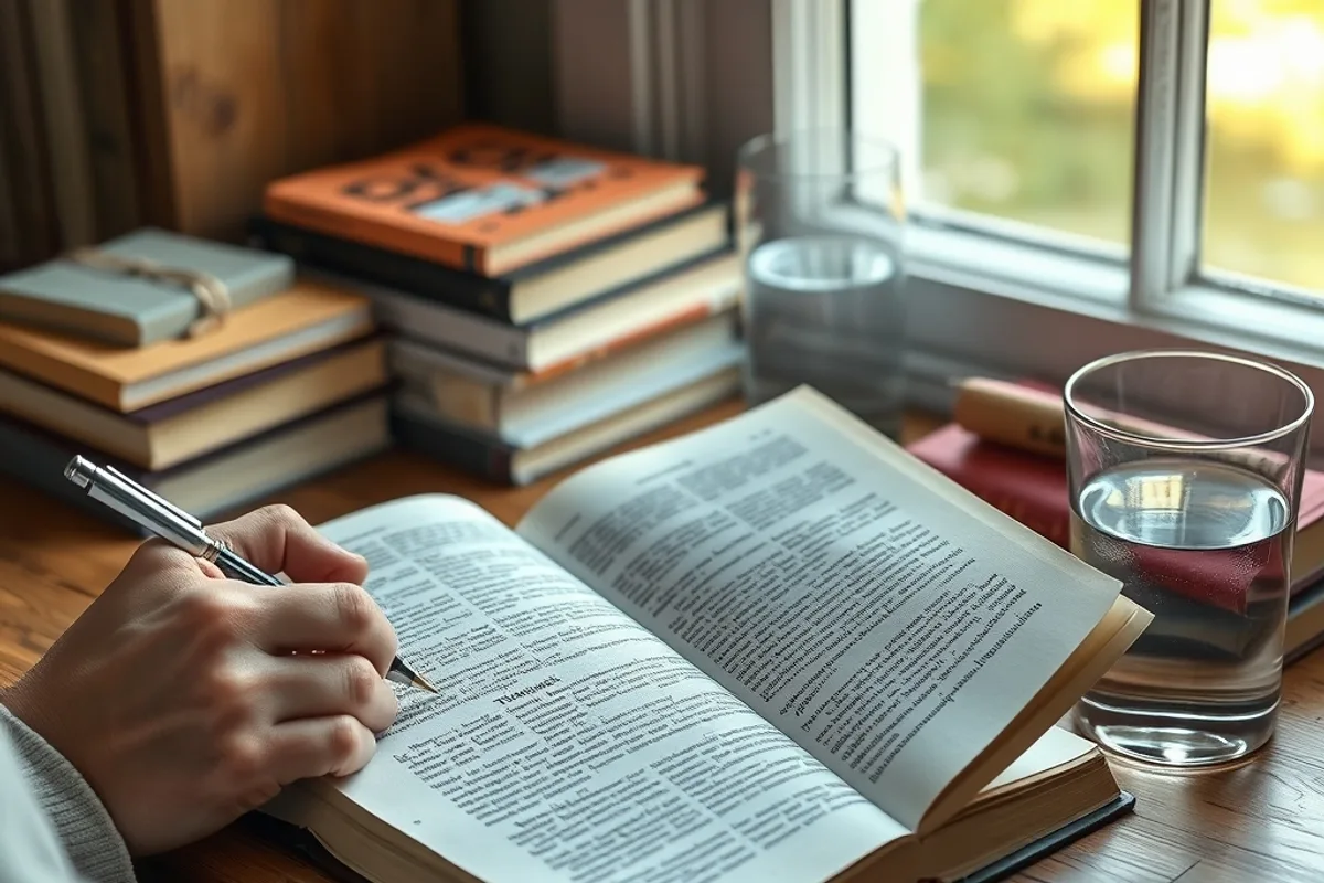 Reader taking handwritten notes beside an open book at a wooden desk in soft daylight