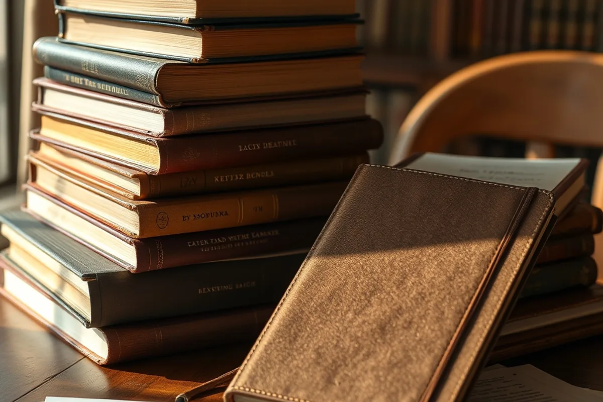 Stack of books with handwritten index cards and a reading journal on a table