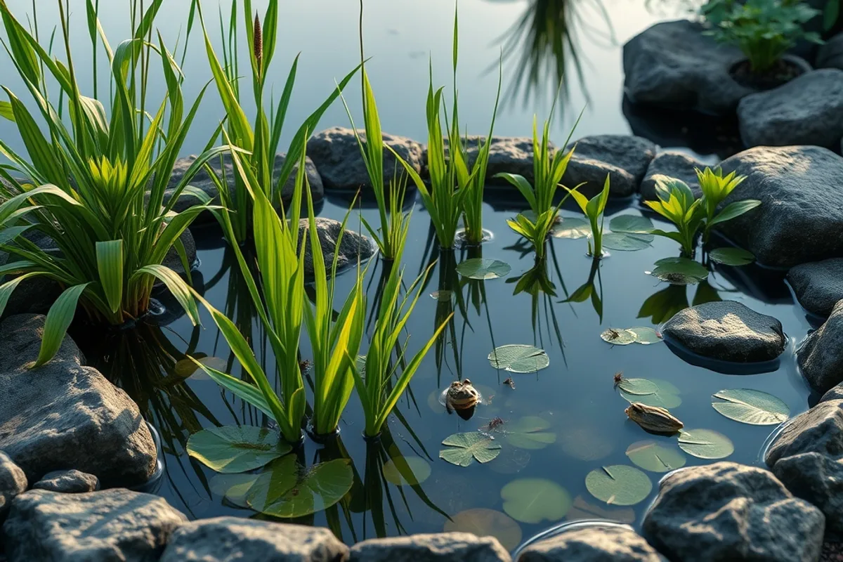 Small garden pond with native water plants, stones and soft evening light