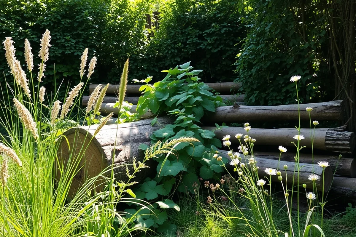 Garden corner with a log pile, wildflowers and long grass left uncut