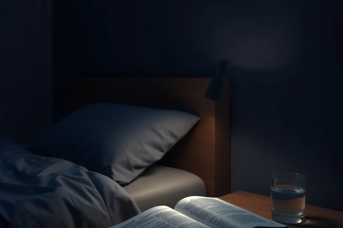 Quiet bedroom at night with a book, a glass of water and a dim bedside lamp