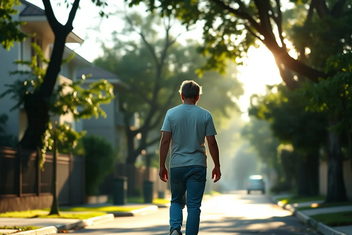 Person walking outdoors in morning sunlight on a quiet residential street