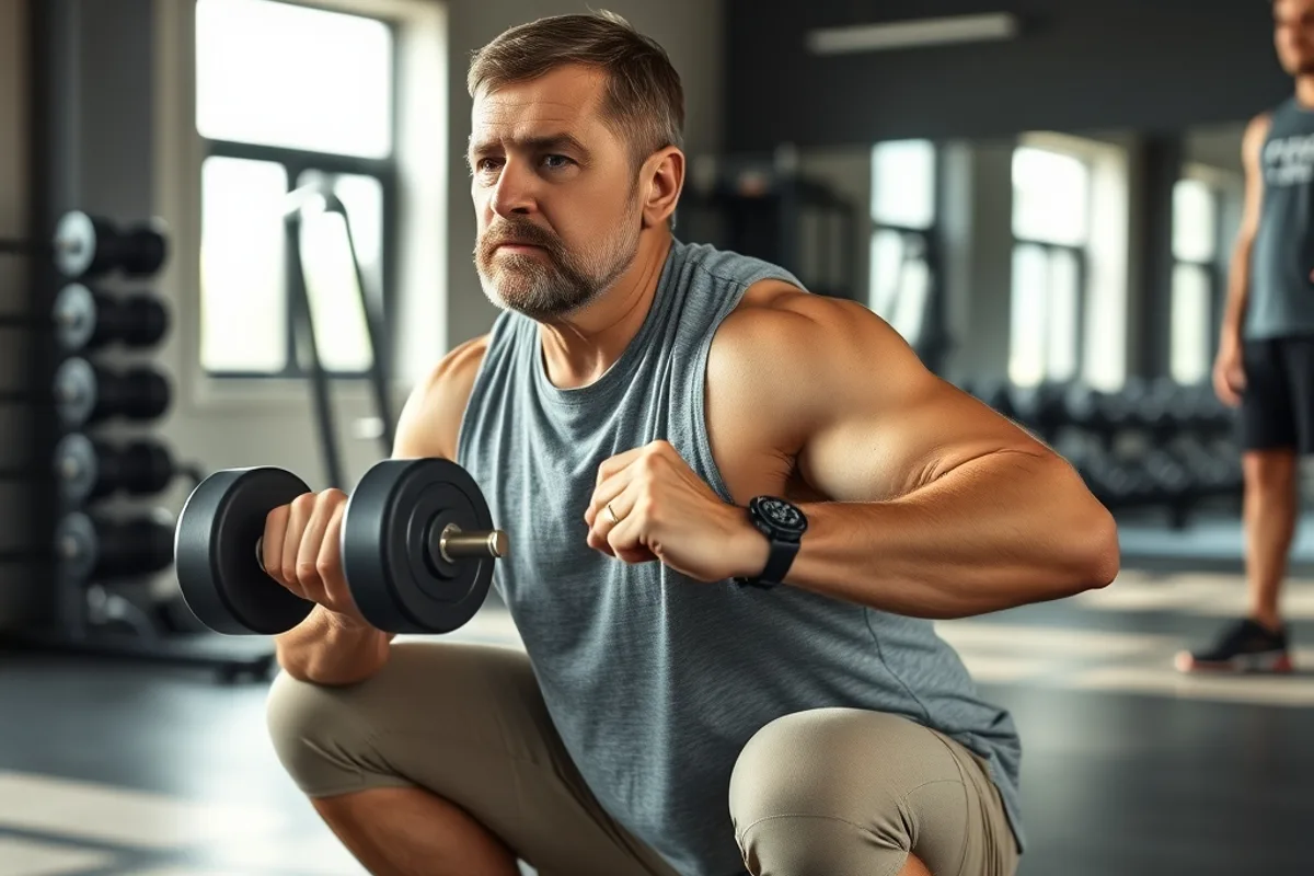 Middle-aged beginner practising a goblet squat with a light dumbbell in a bright gym