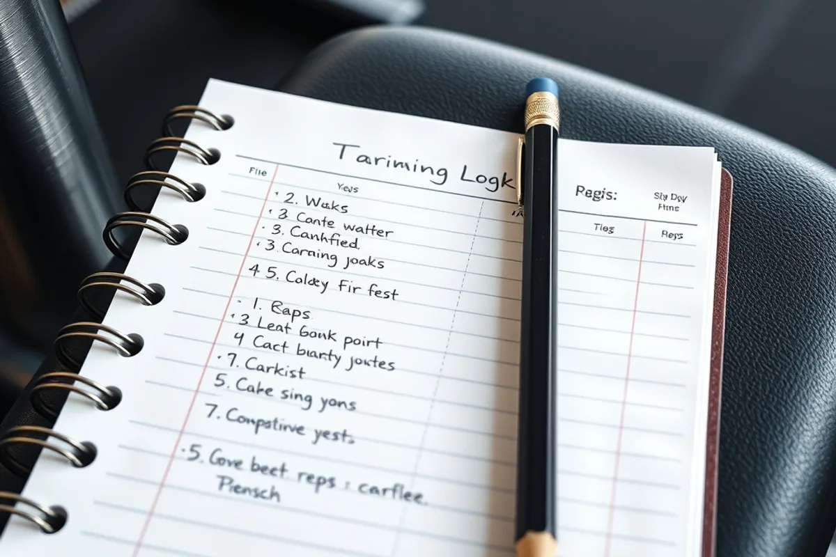 Simple training logbook with a pencil and a water bottle on a gym bench